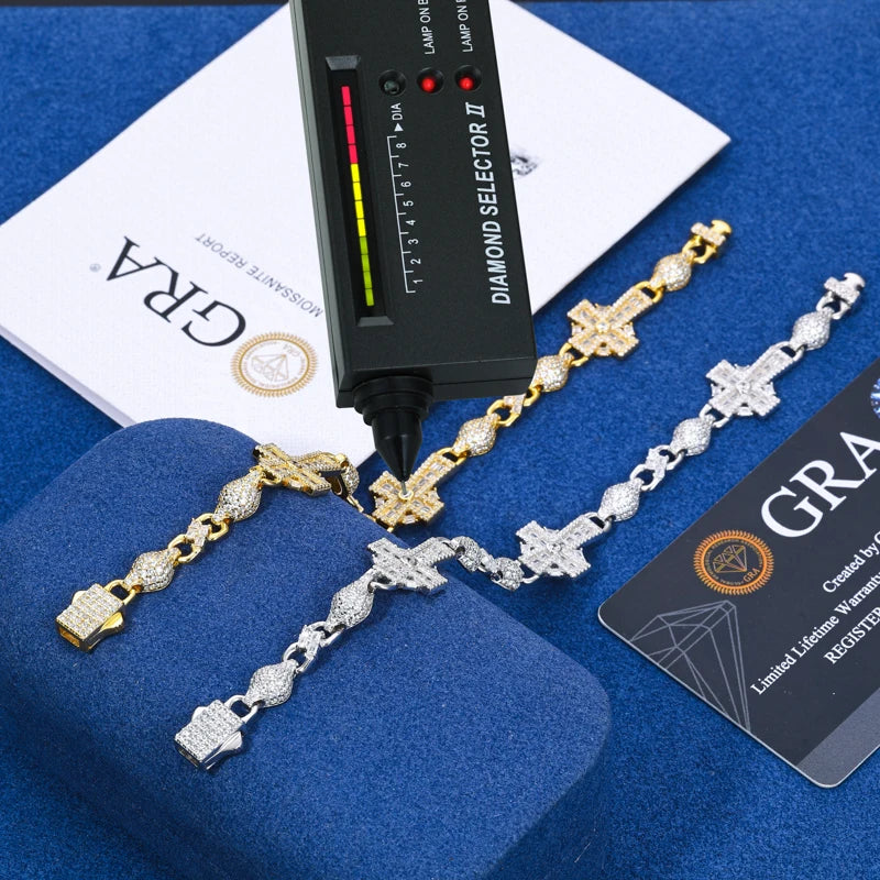 S925 Moissanite Diamond Iced Royal Cross Link Bracelet - 14mm