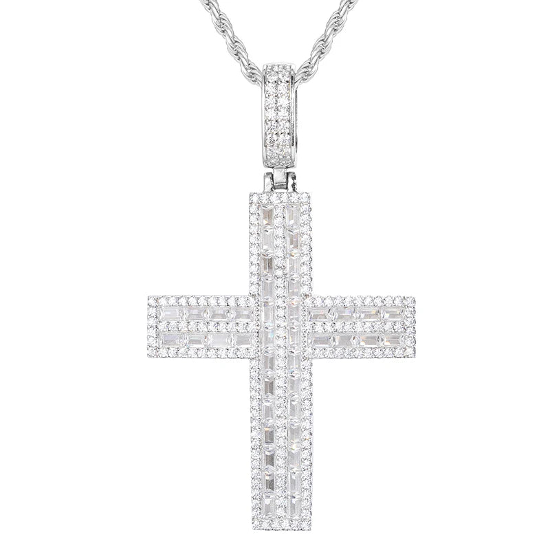 S925 Moissanite 2 Rows Baguette Diamond Cross Pendant