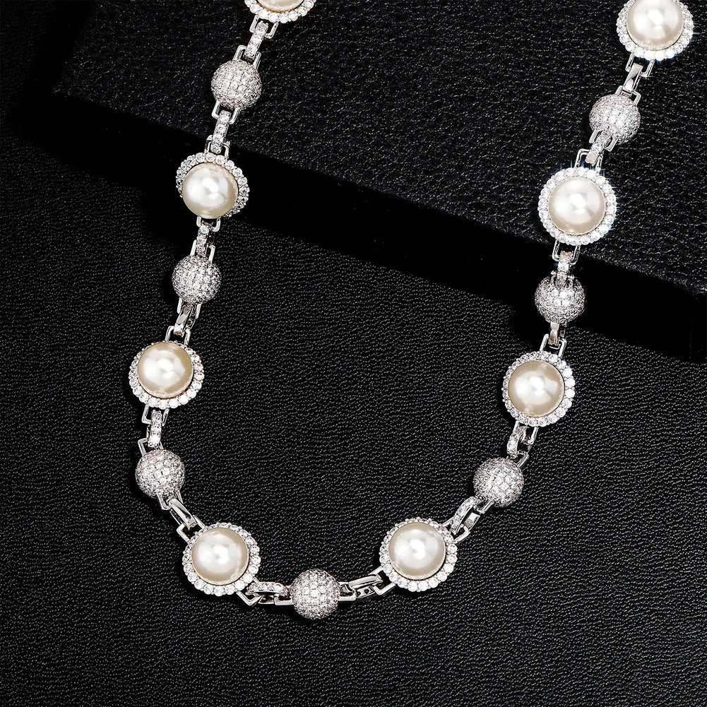 White Gold Iced Halo-Pearl Diamond Necklace