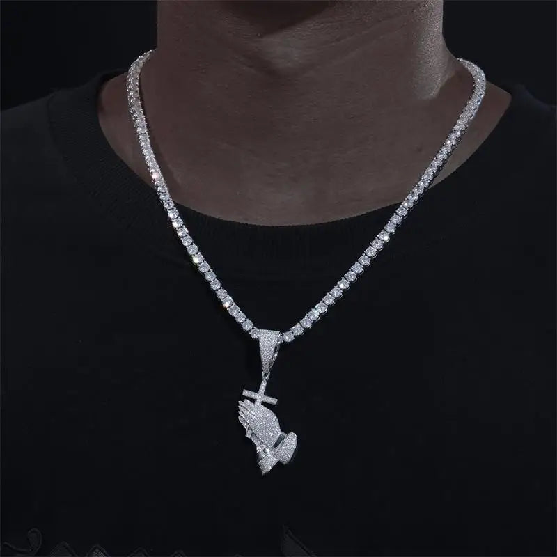 S925 Moissanite Praying Hands Cross Pendant - Icedgame & Co