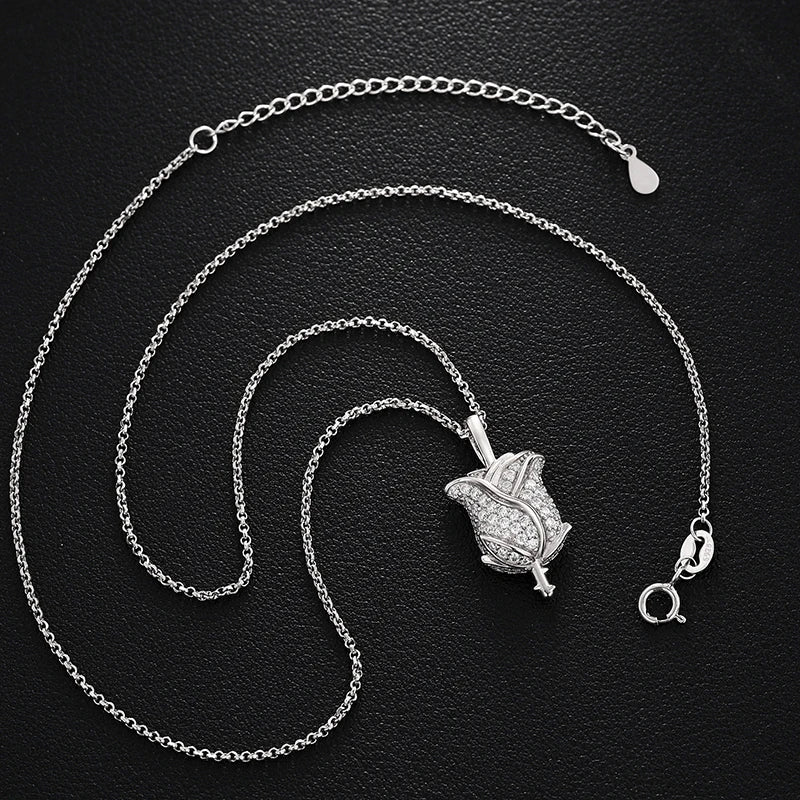 S925 Moissanite Mini Iced Out Baguette Rose Flower Diamond Pendant - Icedgame & Co