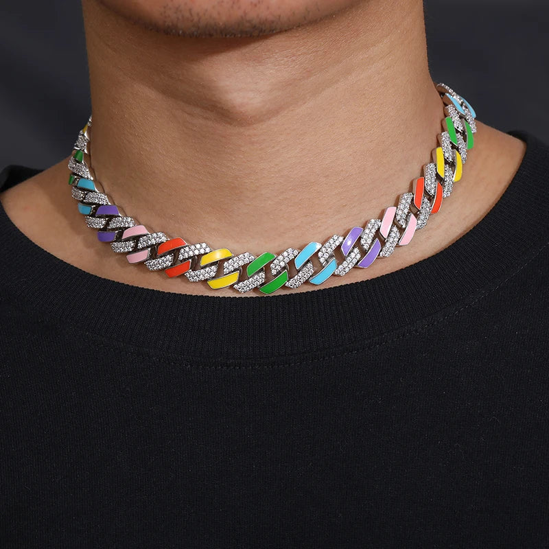 14mm Multi-Colored VVS Moissanite & S925 Cuban Prong Link Chain - Icedgame & Co