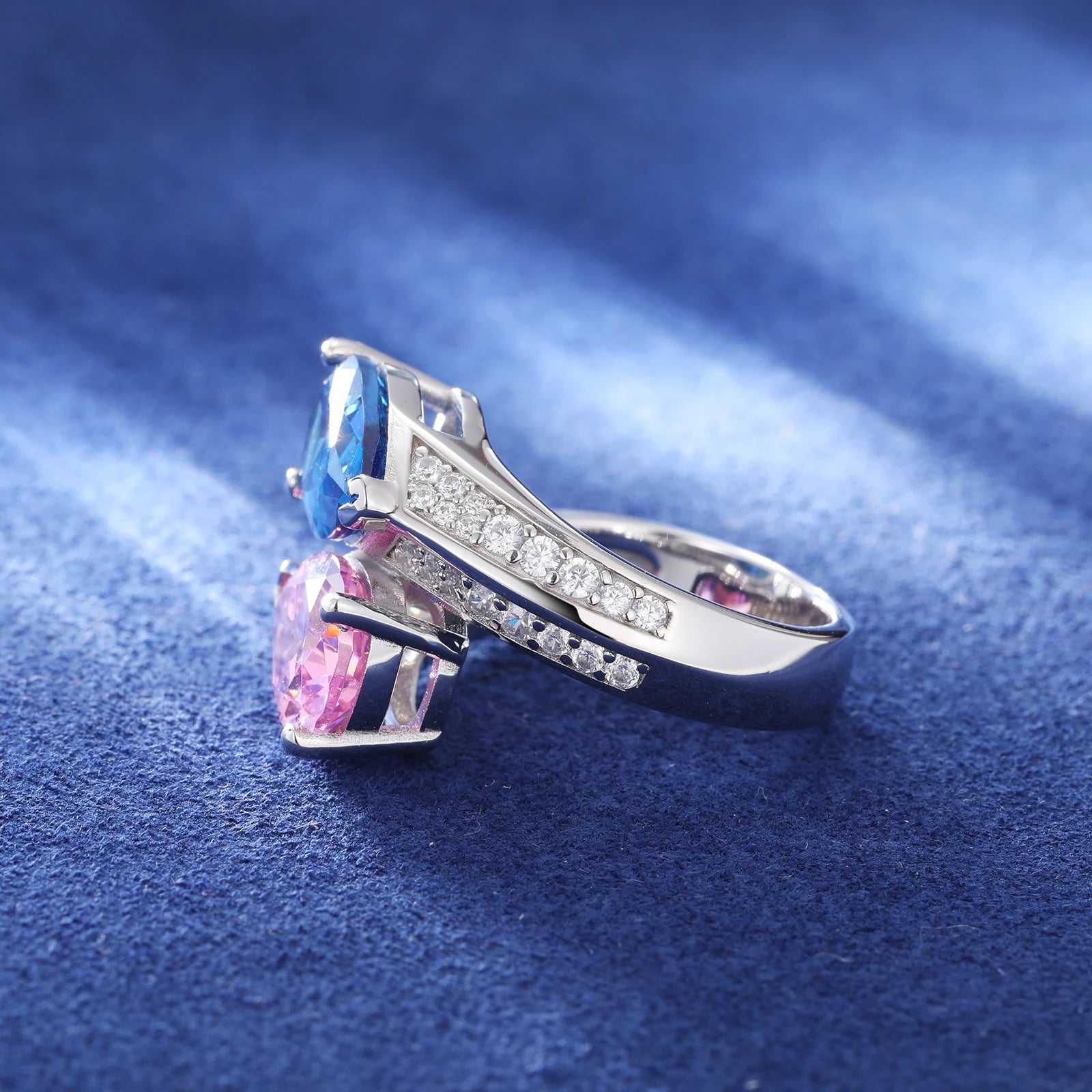S925 Moissanite Pink & Blue Gem Ring - Icedgame & Co