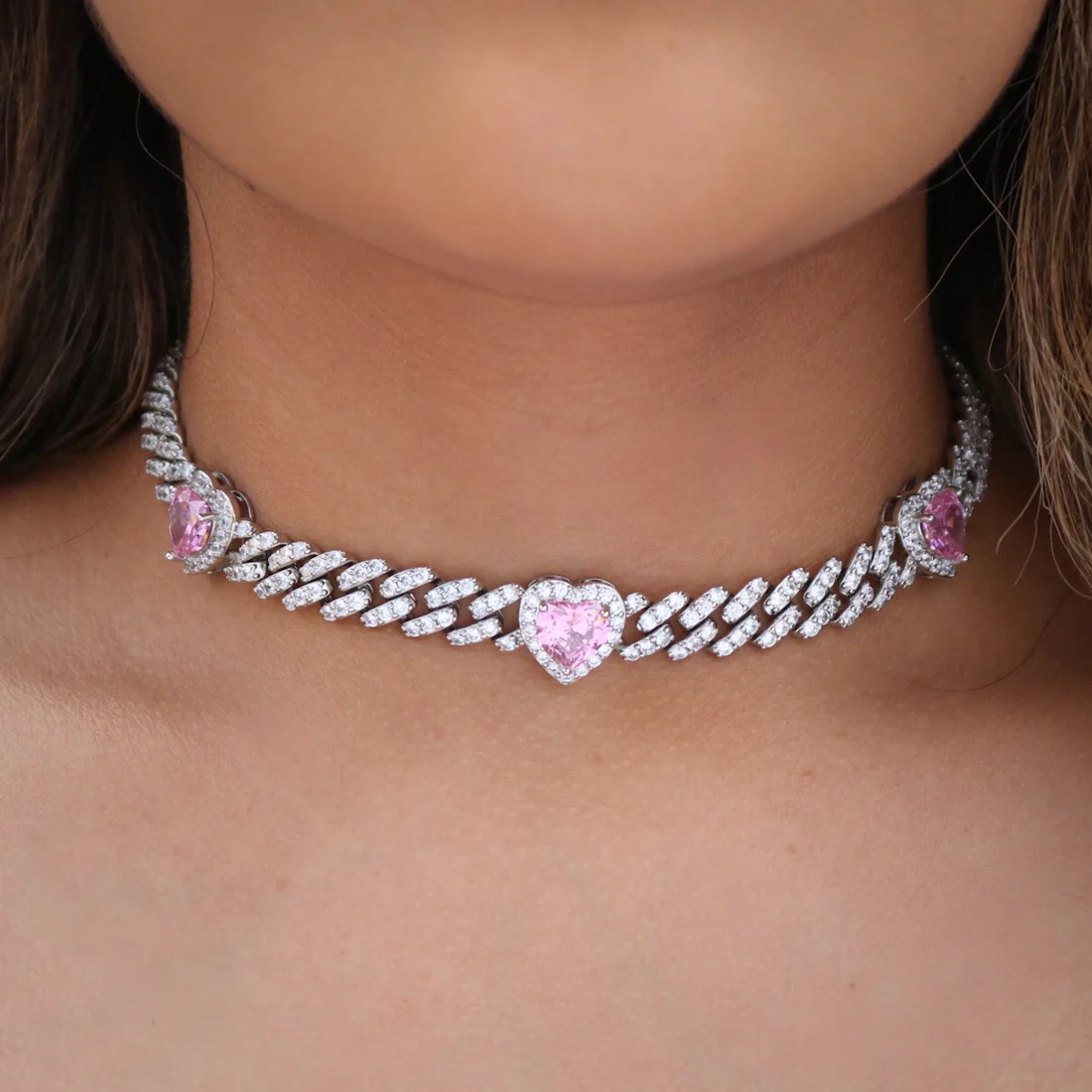 Iced Out Bling Pink Heart CZ Charm Choker