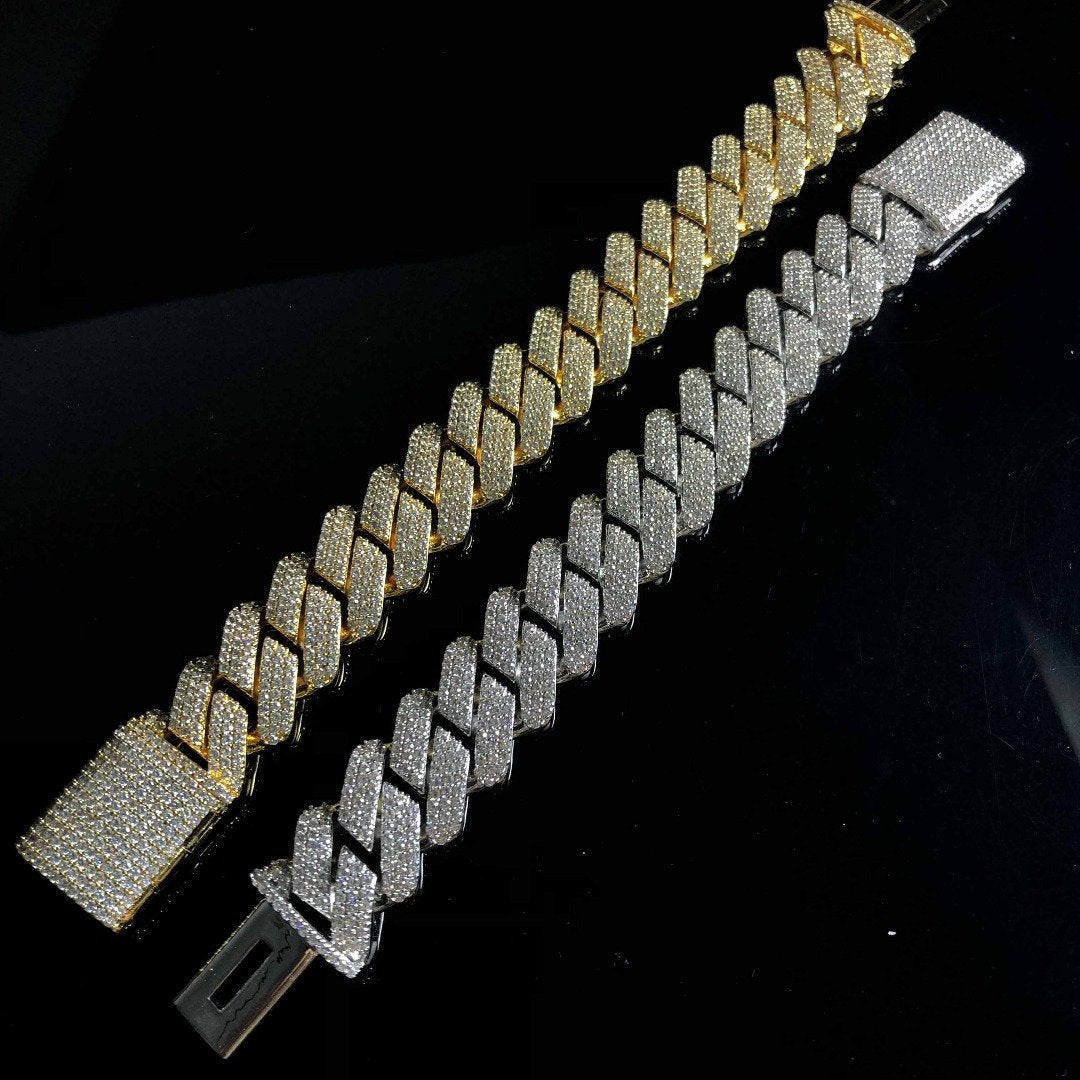 (19MM) 3 ROWS DIAMOND PRONG LINK CUBAN BRACELET IN WHITE GOLD/GOLD