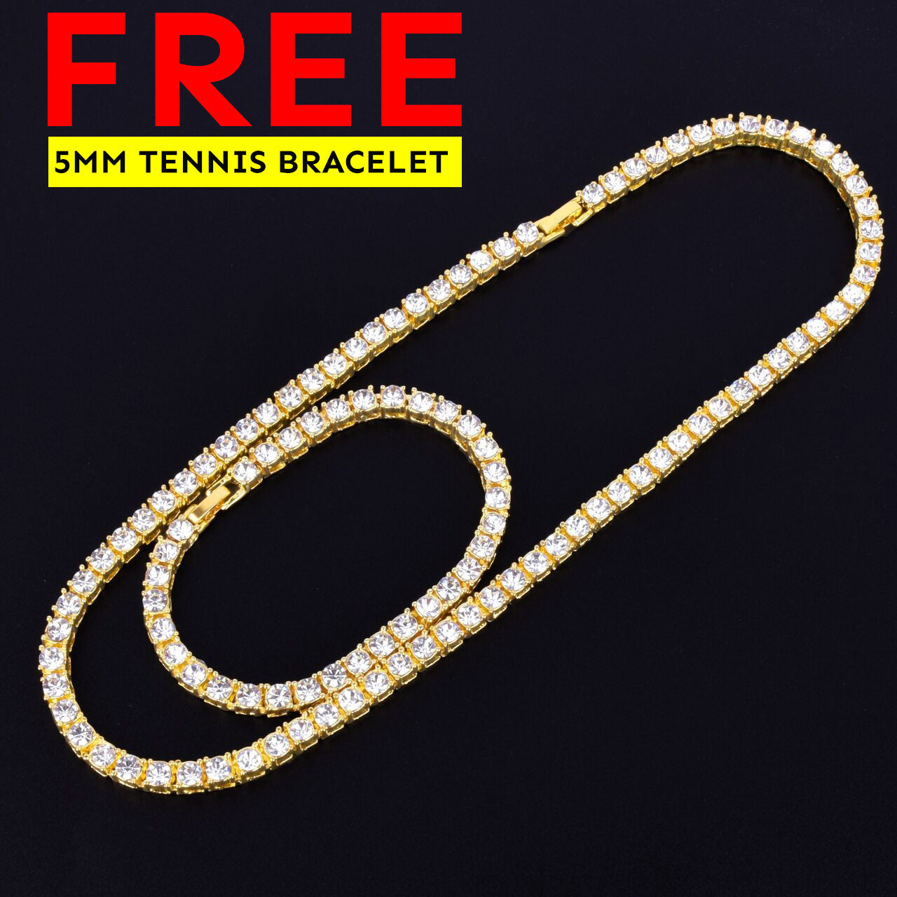 Hot 5mm Tennis Chain AAA CZ + FREE Bracelet in Gold/Silver