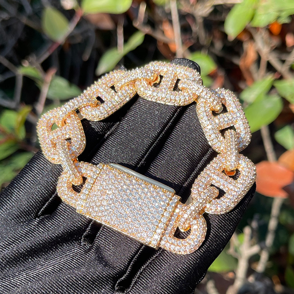 15MM Fully Iced Micro Paved Gucci Link Bracelet in Gold/White Gold - Icedgame & Co