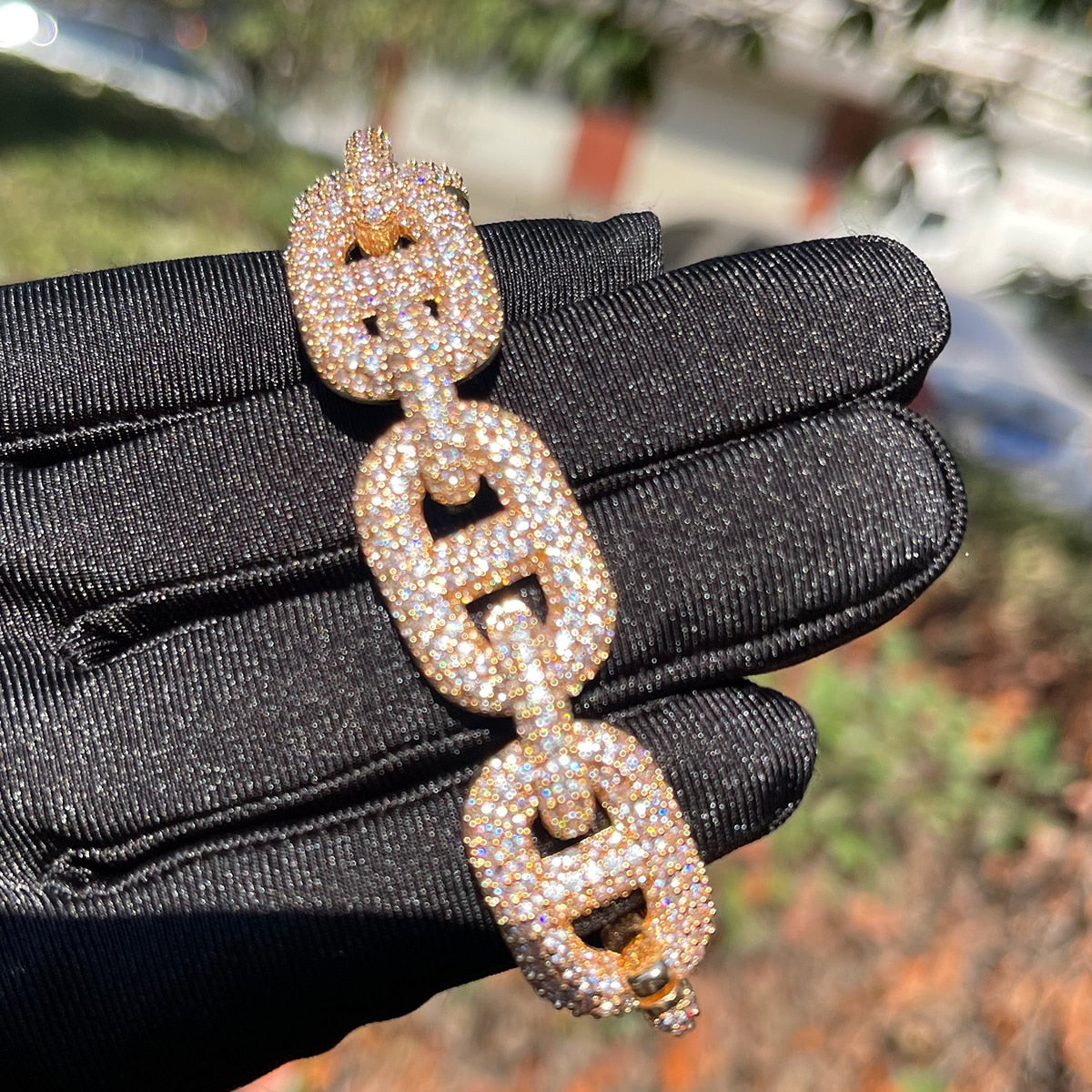 15MM Fully Iced Micro Paved Gucci Link Bracelet in Gold/White Gold - Icedgame & Co