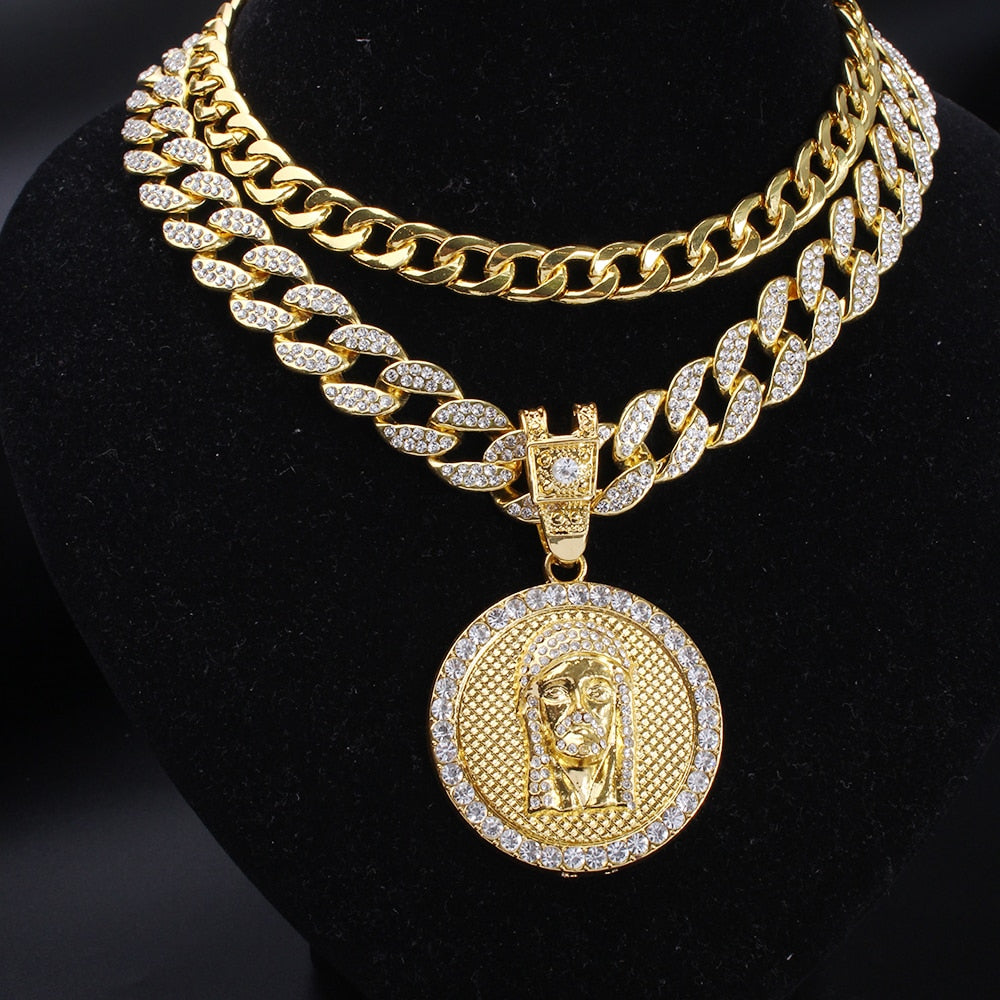 Fully Iced Out Miami Curb Cuban Chain Combo Set and Jesus Pendant