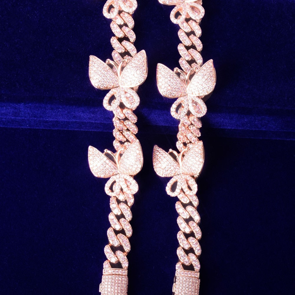 10mm Butterfly Baguette Cuban Link Bracelet in White Gold/Gold/Rose Gold