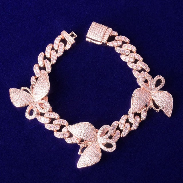 10mm Butterfly Baguette Cuban Link Bracelet in White Gold/Gold/Rose Gold