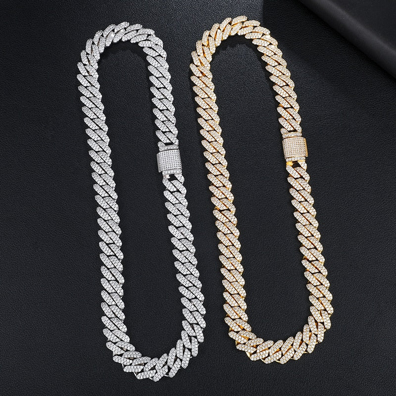 (12mm) Box Clasp 2 Rows Diamond Prong Link Cuban Chain in Yellow Gold/White Gold/Rose Gold