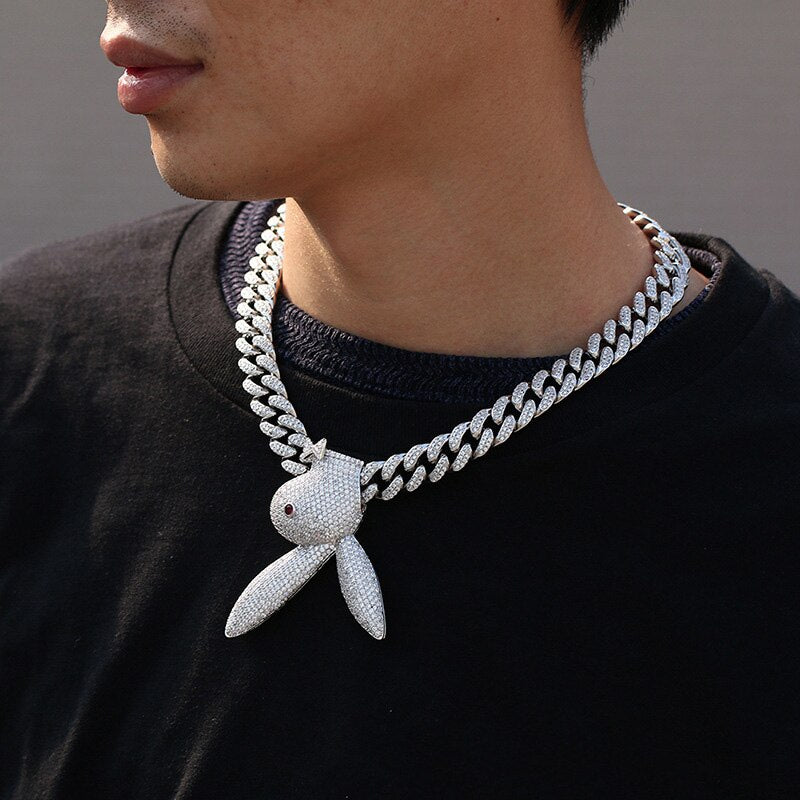 Iced Upside Down Bunny Head Pendant in White Gold