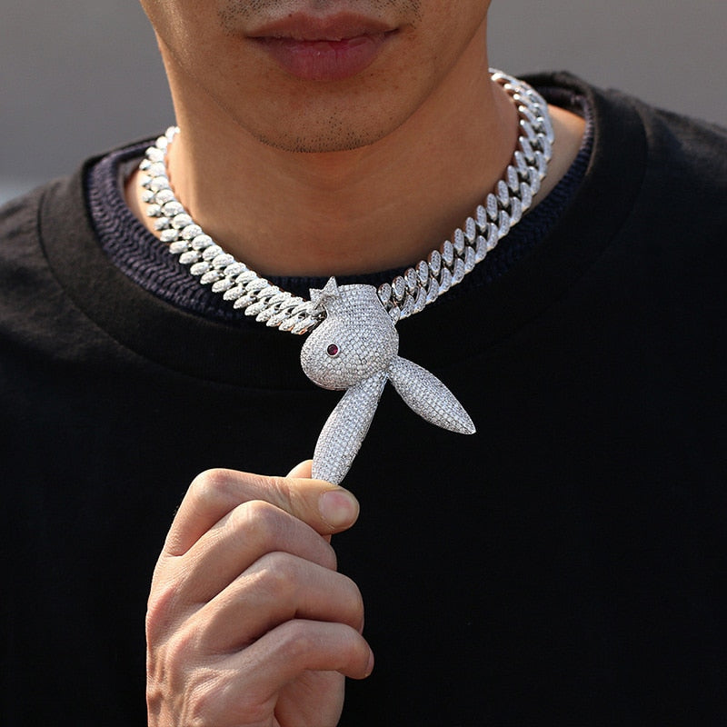 Iced Upside Down Bunny Head Pendant in White Gold