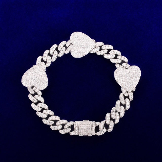 10mm Heart Baguette Cuban Link Bracelet in White Gold/Gold/Rose Gold