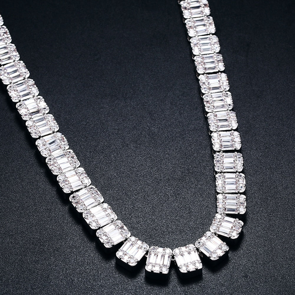 10mm Square Baguette Tennis Chain Necklace in White Gold