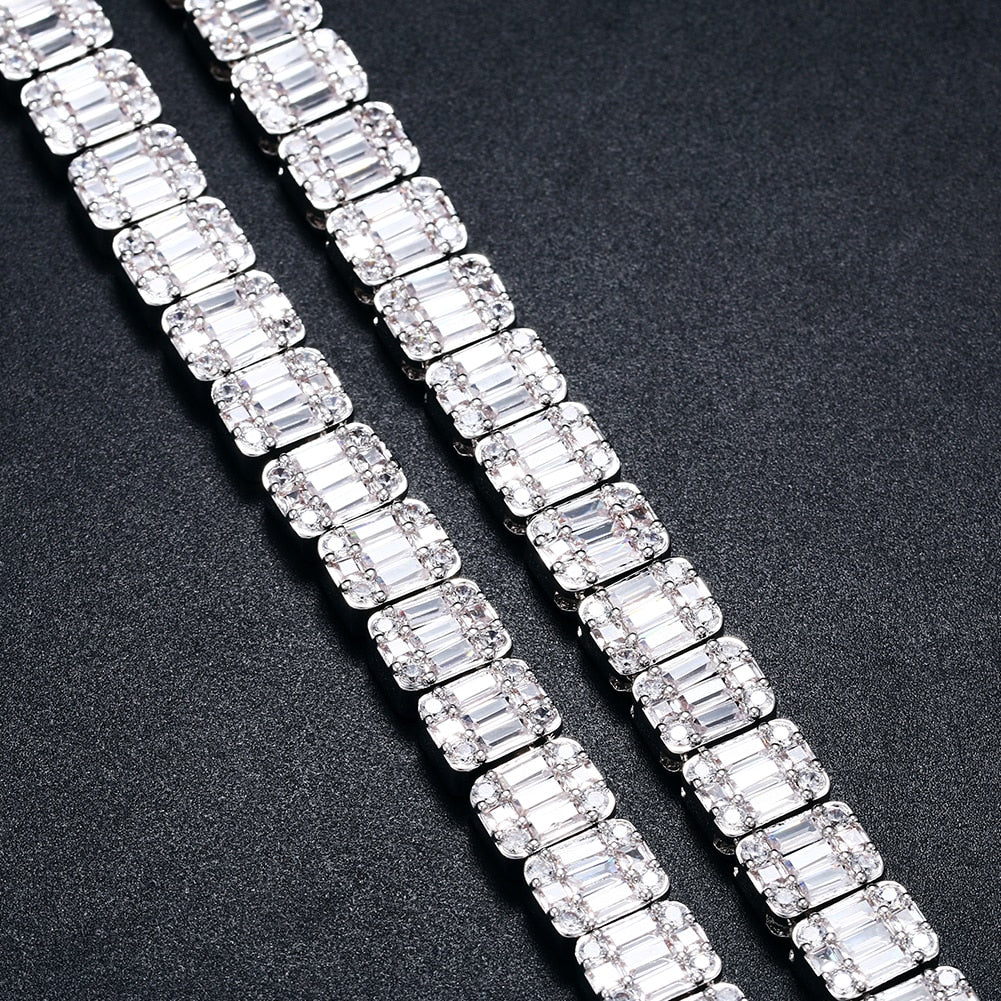 10mm Square Baguette Tennis Chain Necklace in White Gold