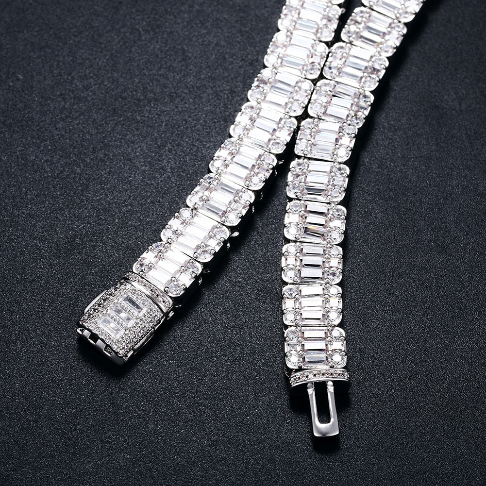 10mm Square Baguette Tennis Chain Necklace in White Gold