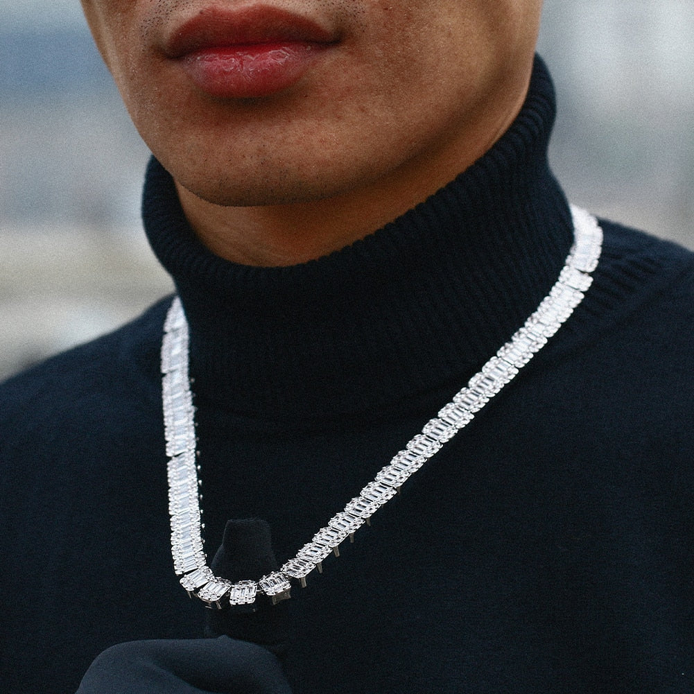 10mm Square Baguette Tennis Chain Necklace in White Gold