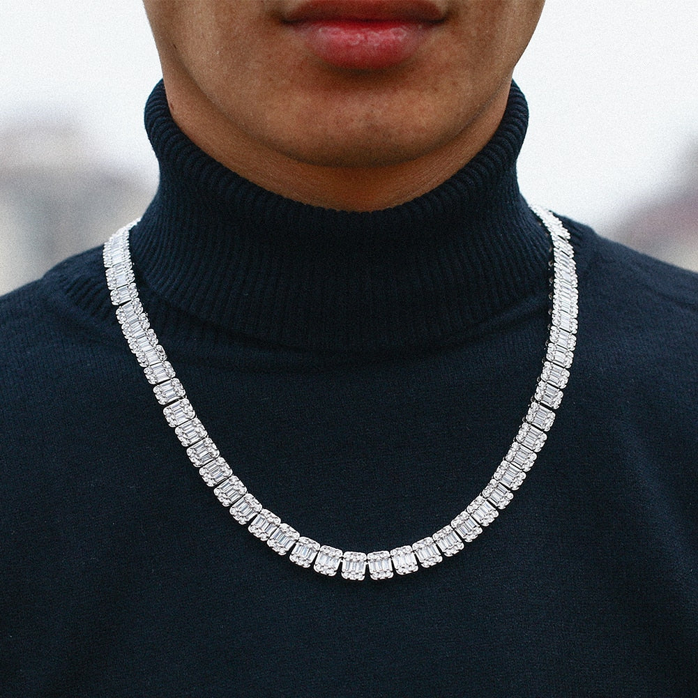 10mm Square Baguette Tennis Chain Necklace in White Gold