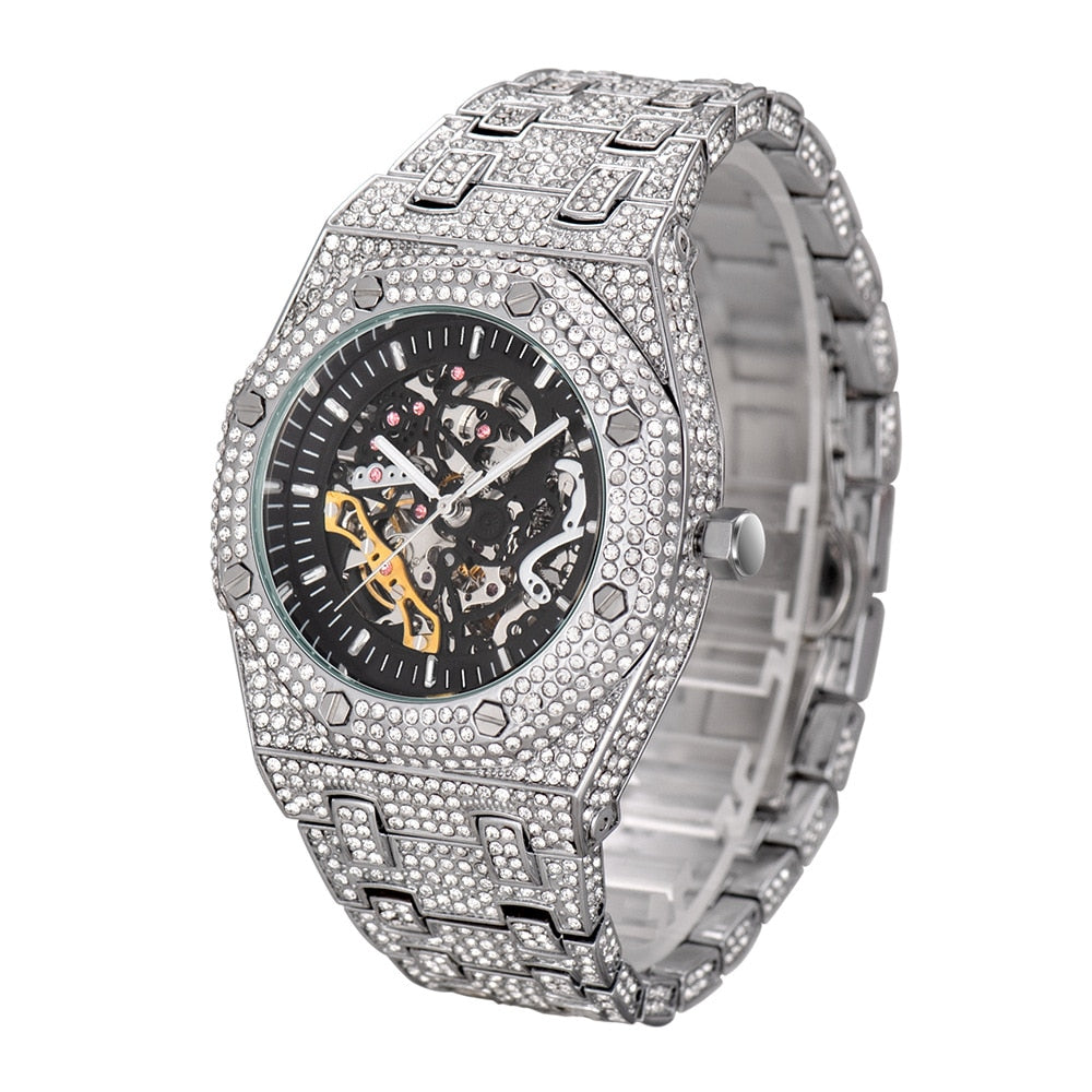 Fully Iced Out Skeleton Stainless Steel Watch - Silver/Gold