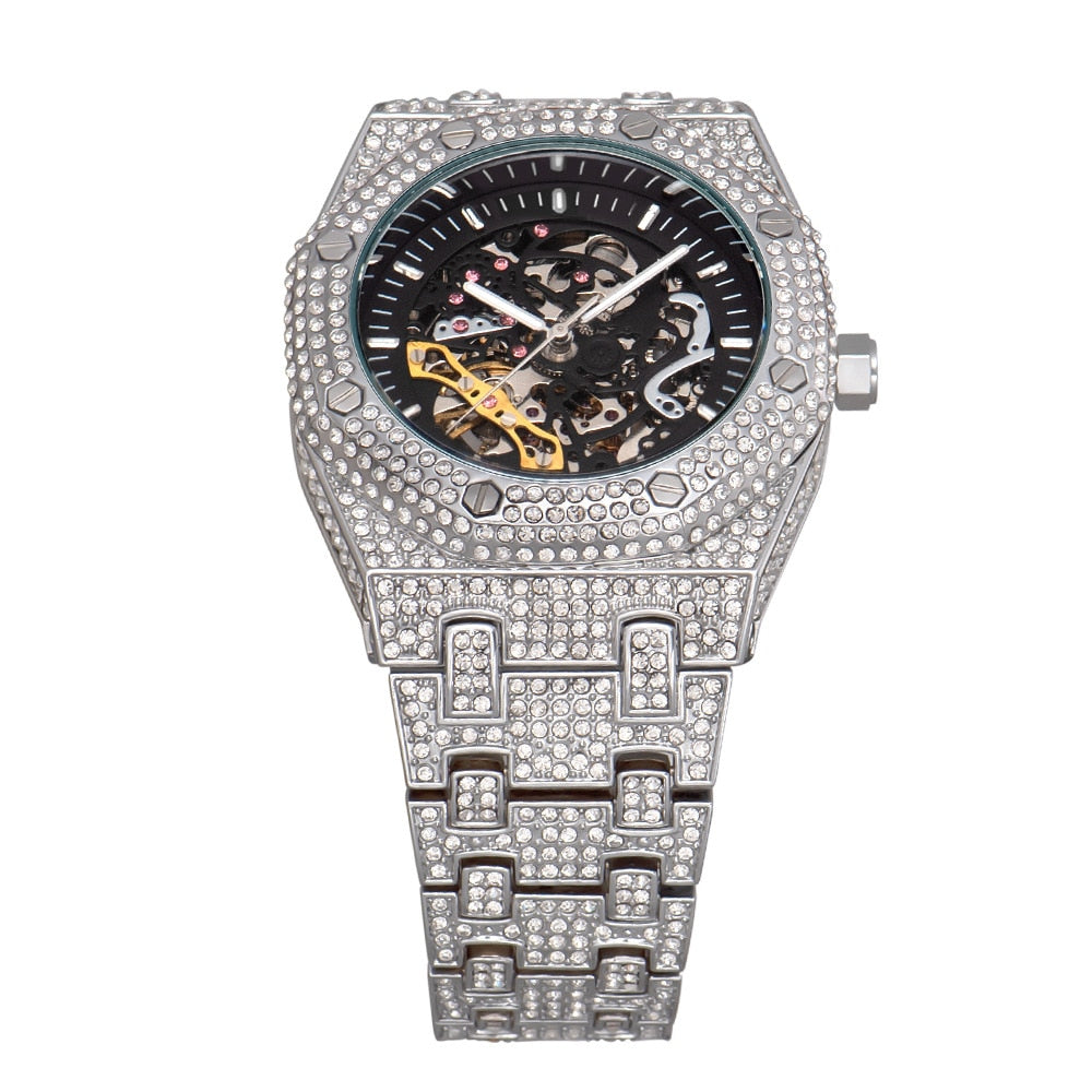 Fully Iced Out Skeleton Stainless Steel Watch - Silver/Gold