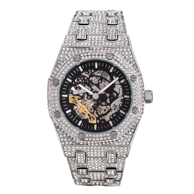 Fully Iced Out Skeleton Stainless Steel Watch - Silver/Gold