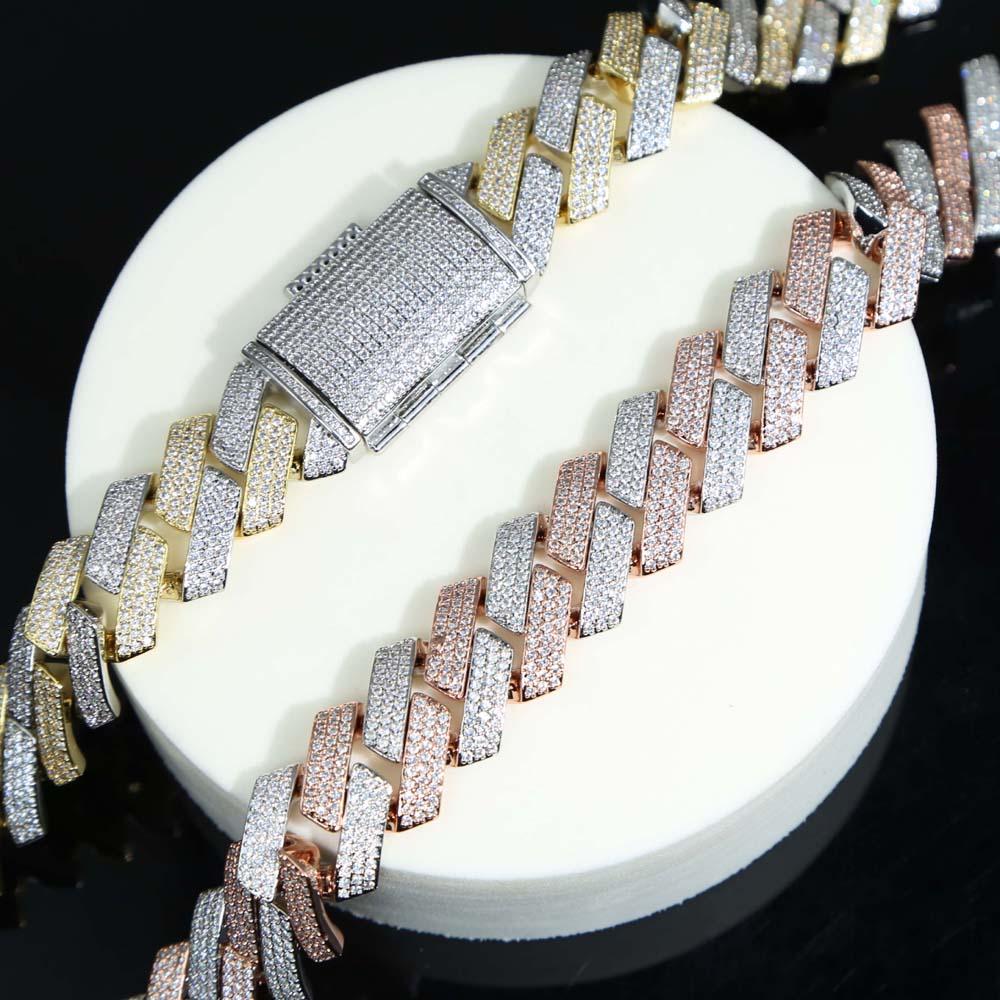 (19mm) 3 Rows Diamond Prong Link Cuban Chain Two Tone