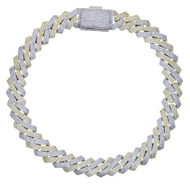 (19mm) 3 Rows Diamond Prong Link Cuban Chain Two Tone