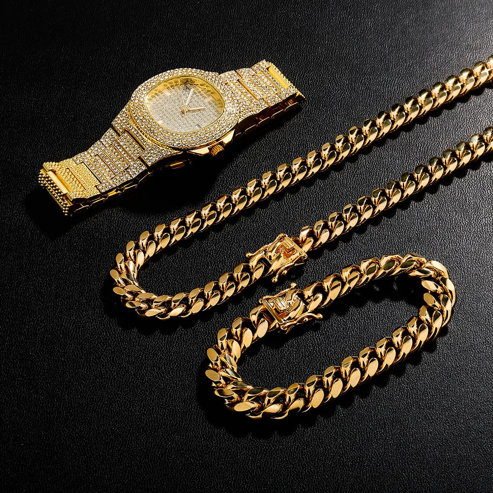 Iced Out Watch Bundle Set 3 Pieces + FREE Chain & Bracelet in Gold / Silver
