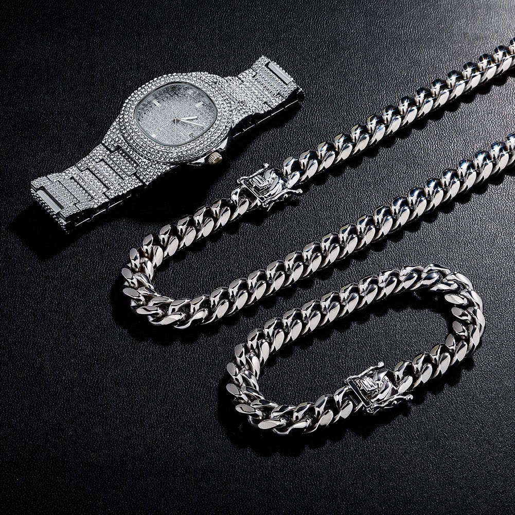 Iced Out Watch Bundle Set 3 Pieces + FREE Chain & Bracelet in Gold / Silver