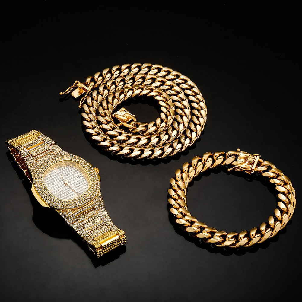 Iced Out Watch Bundle Set 3 Pieces + FREE Chain & Bracelet in Gold / Silver