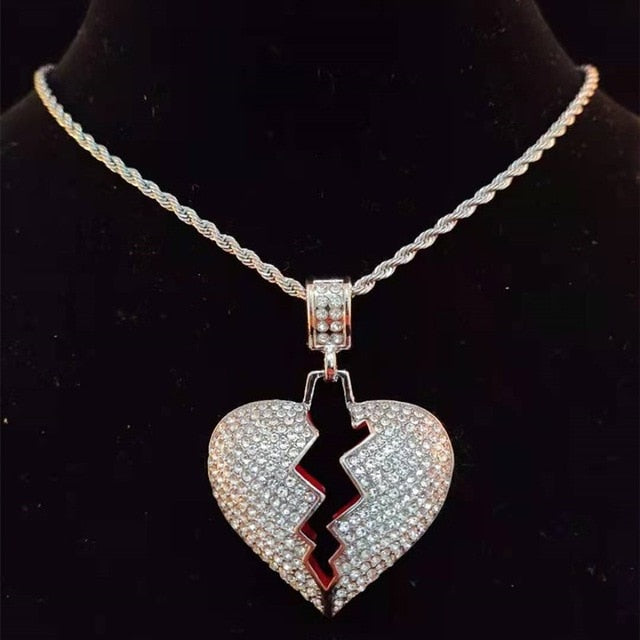 Hip Hop Iced Out Bling Bling Heart Broke Pendant Necklace