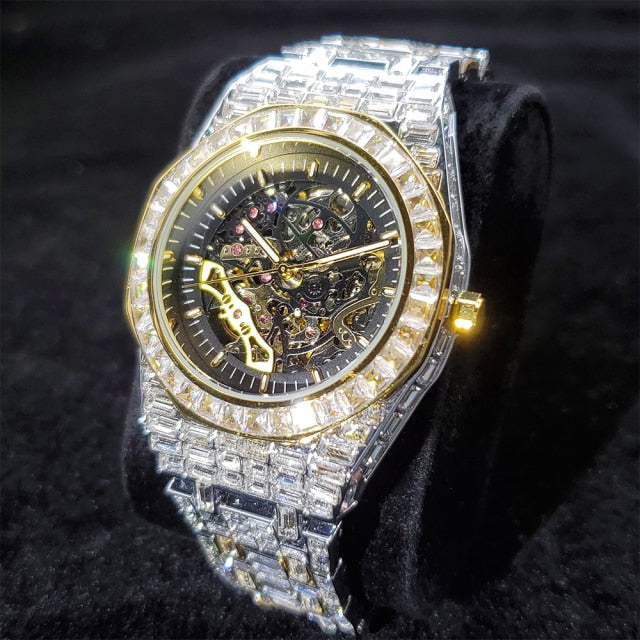 Iced Out Baguette Skeleton Watch