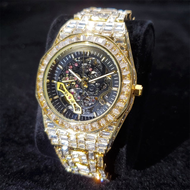 Iced Out Baguette Skeleton Watch