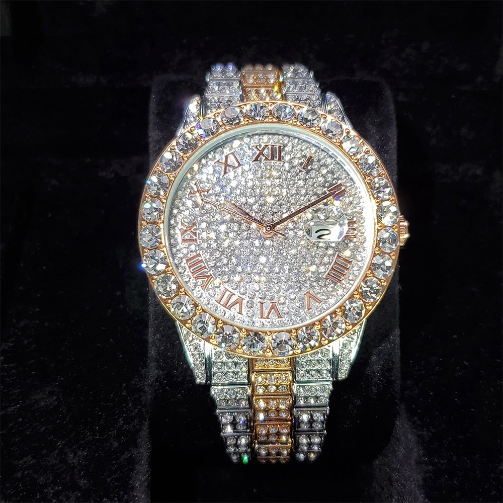 Icey Roman Numerial iced out diamond watch - 2 Tone Rose Gold