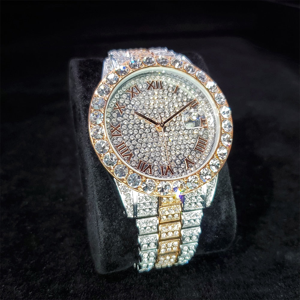 Icey Roman Numerial iced out diamond watch - 2 Tone Rose Gold