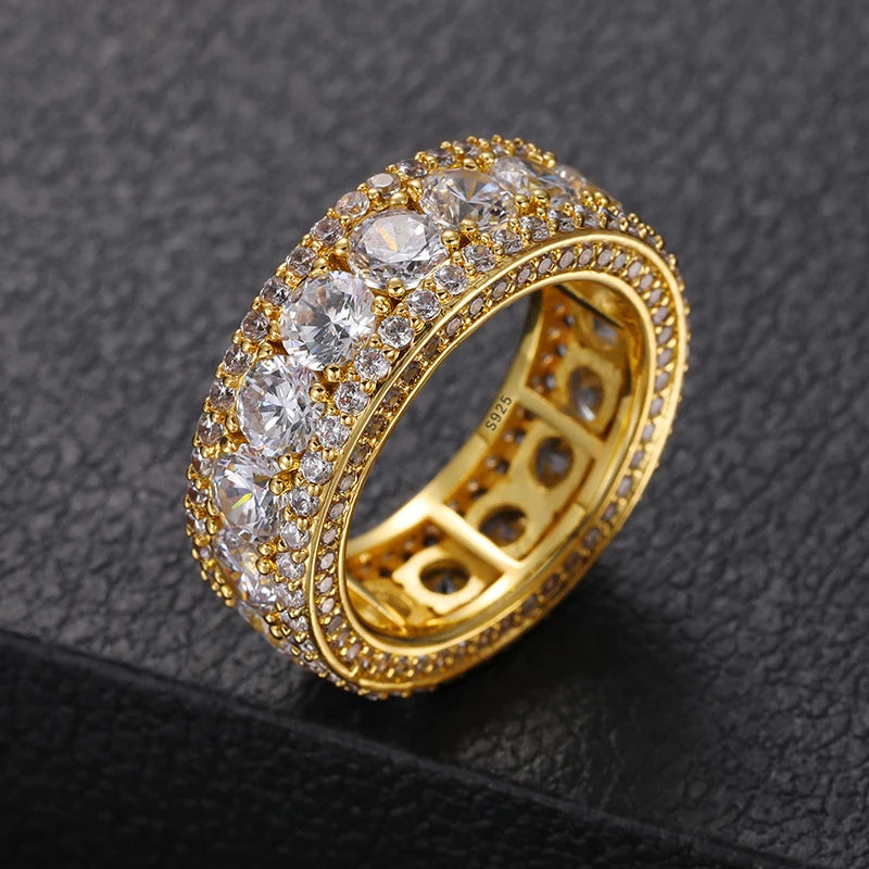 S925 Moissanite 3-Row Gemstone Pave Diamond Ring