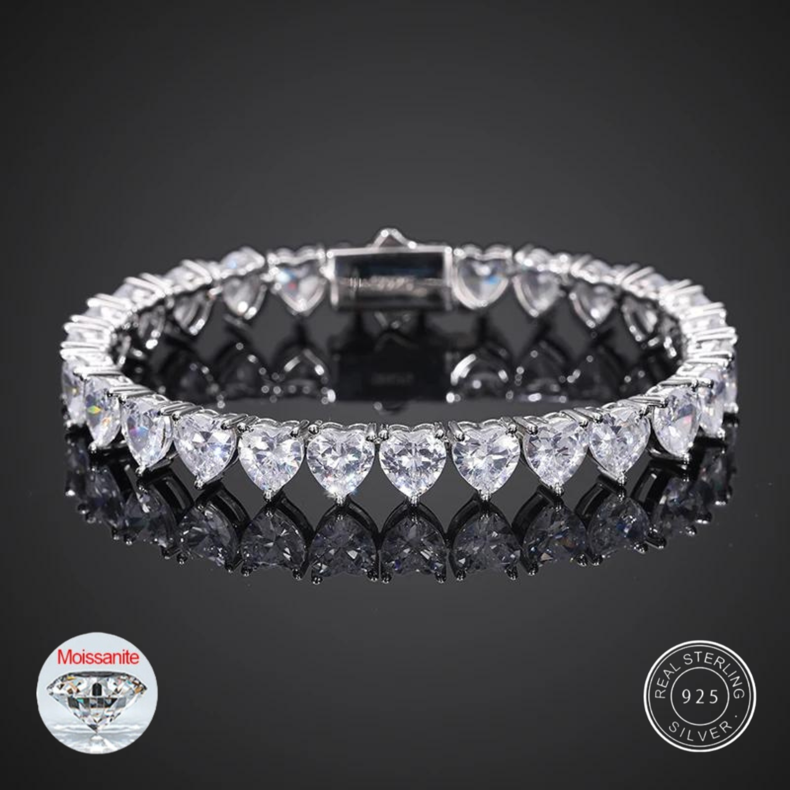 S925 Moissanite Heart-Shape Tennis Diamond Bracelet - 8mm