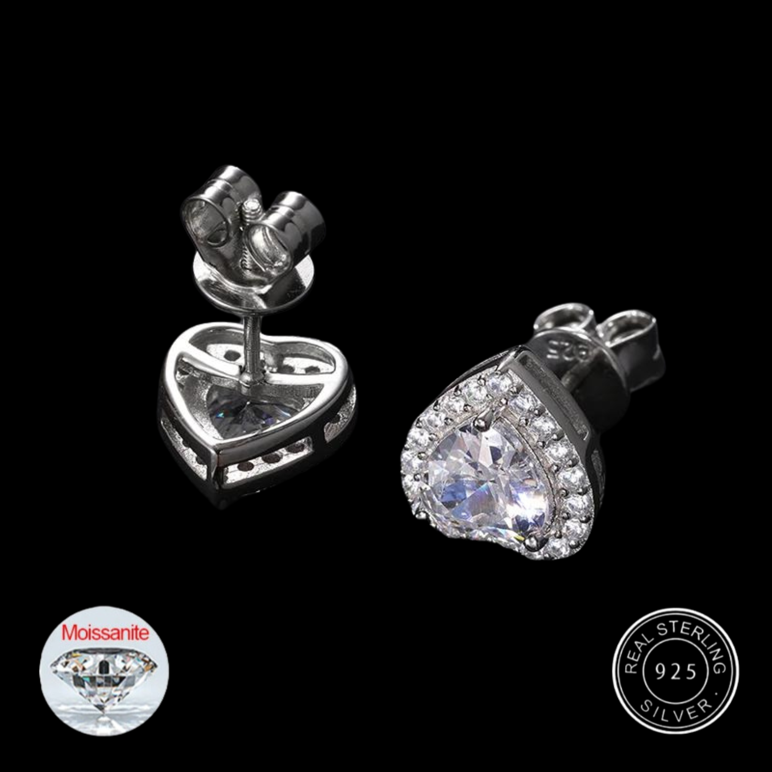 S925 Moissanite Diamond Clustered Heart Earrings - White Gold