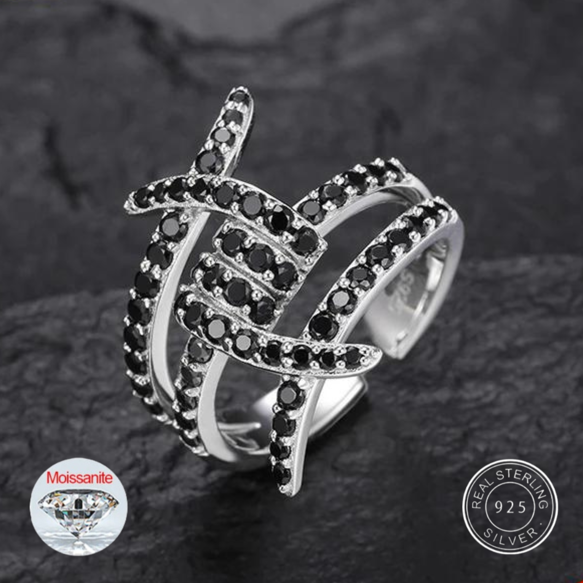 S925 Black Diamond Barbed Wire Ring