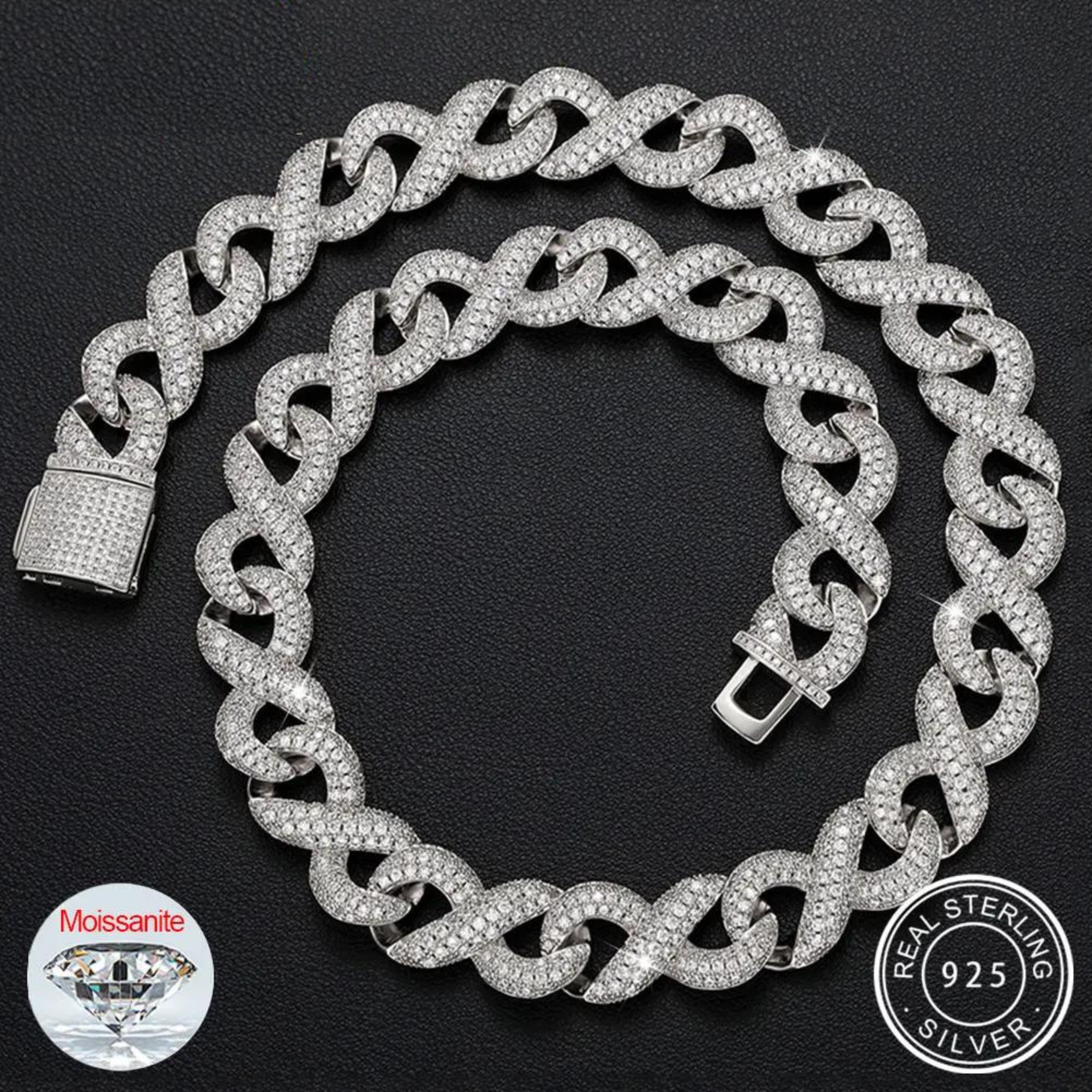 S925 Moissanite Infinity Cuban Link Necklace - 16mm