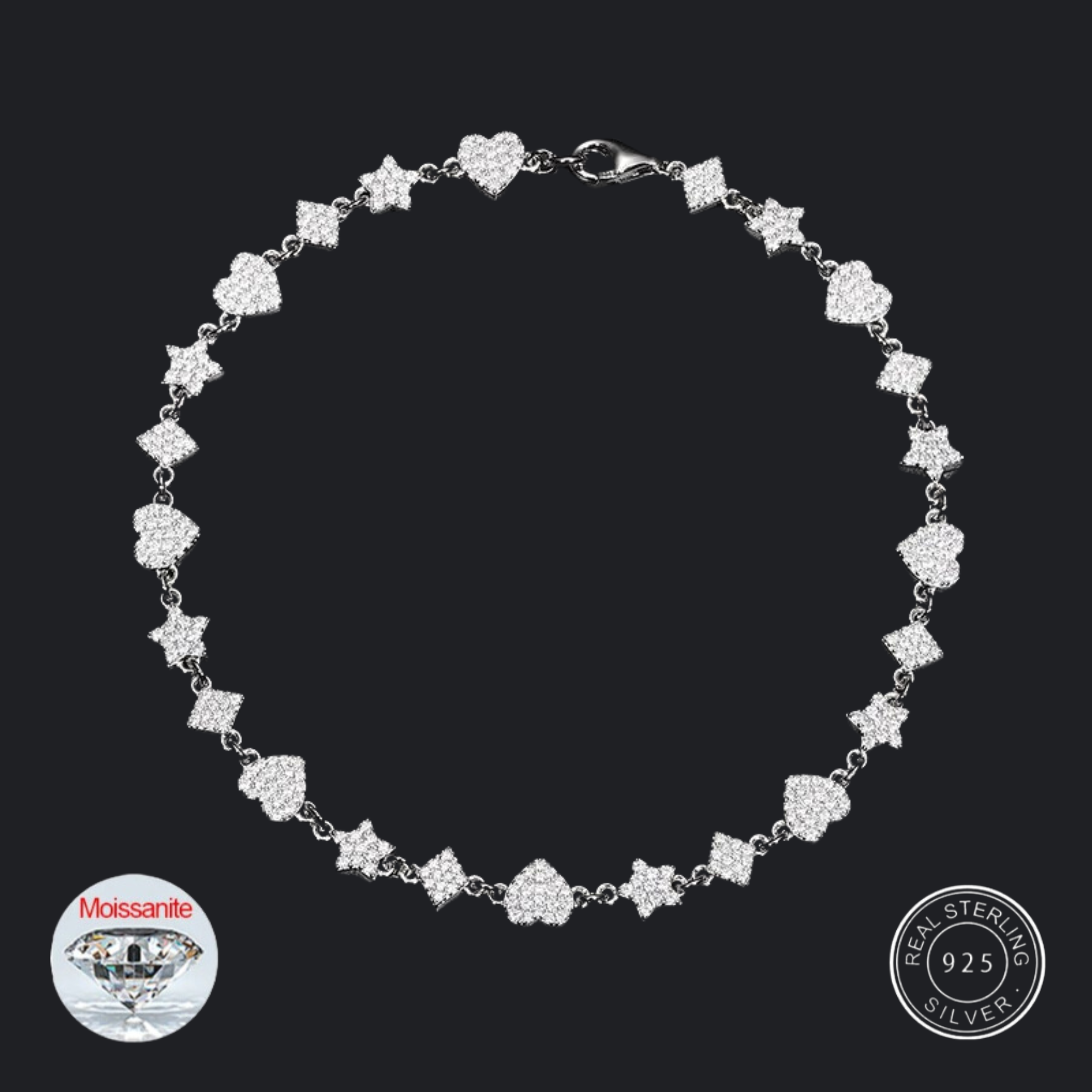 S925 Moissanite Heart-Star Link Diamond Bracelet - 6mm