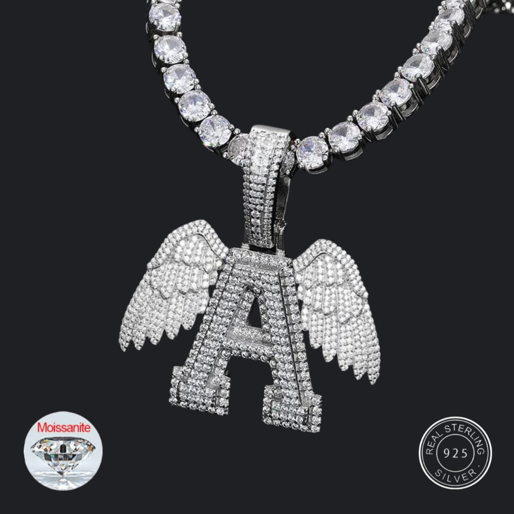 S925 Moissanite Angel Wings A-Z Letter Diamond Pendant