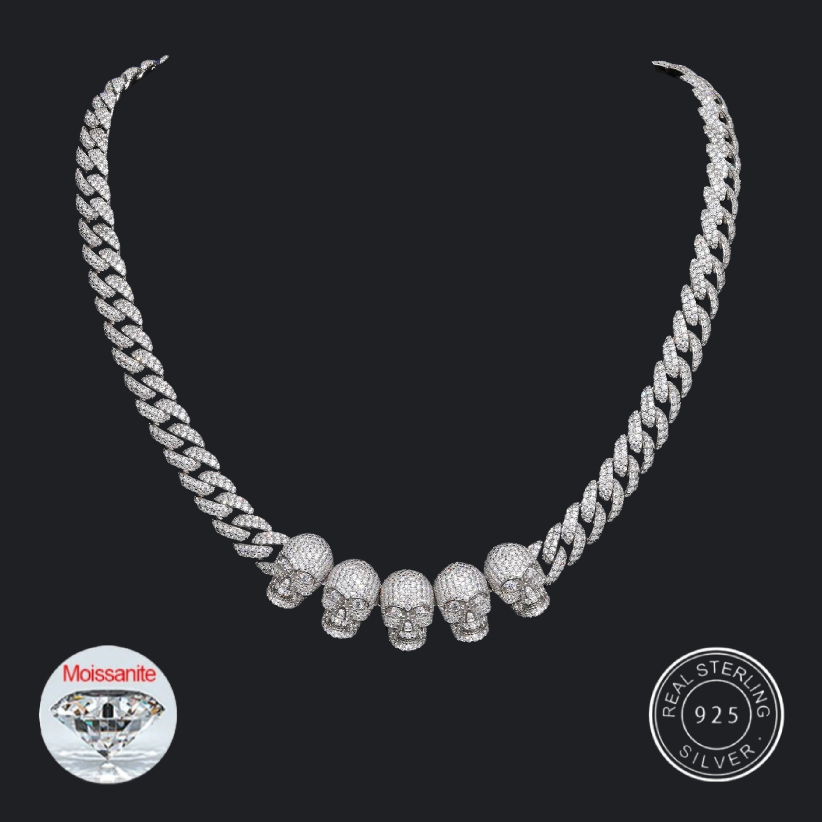 S925 VVS1 Moissanite Skull Link Necklace - 10mm