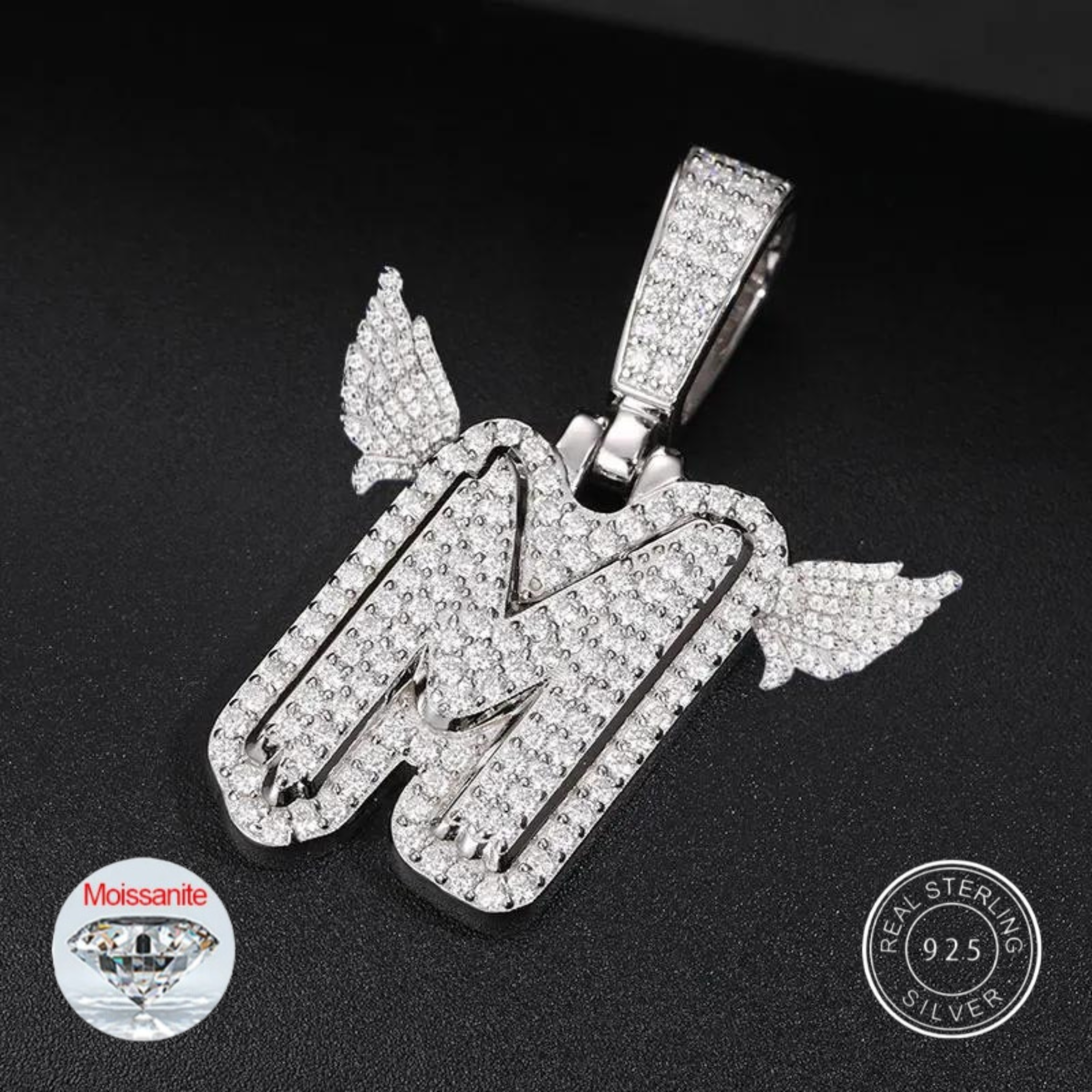 S925 Moissanite Angel Wings Italic A-Z Letter Diamond Pendant