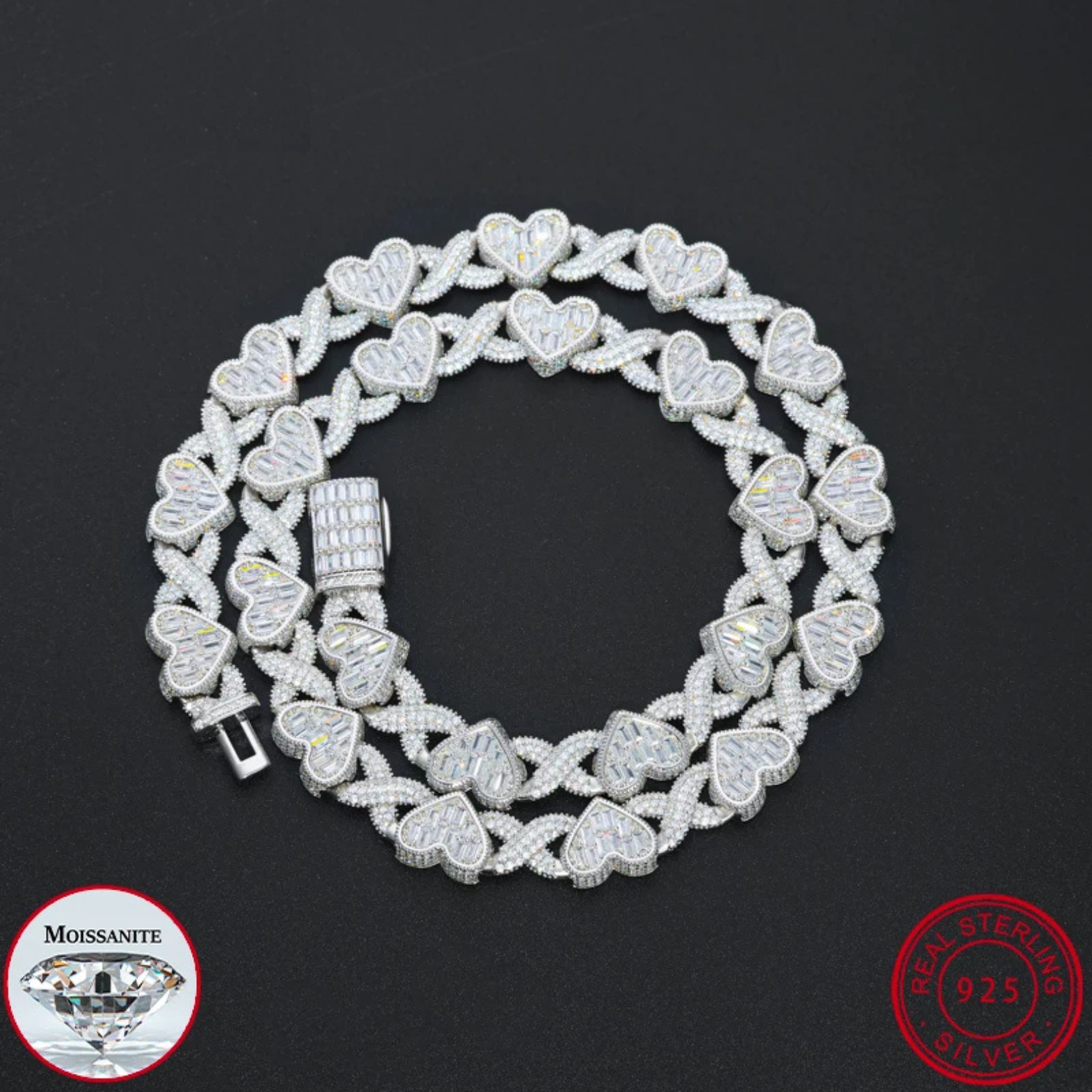 S925 Moissanite Baguette Heart Infinity Link Chain Necklace