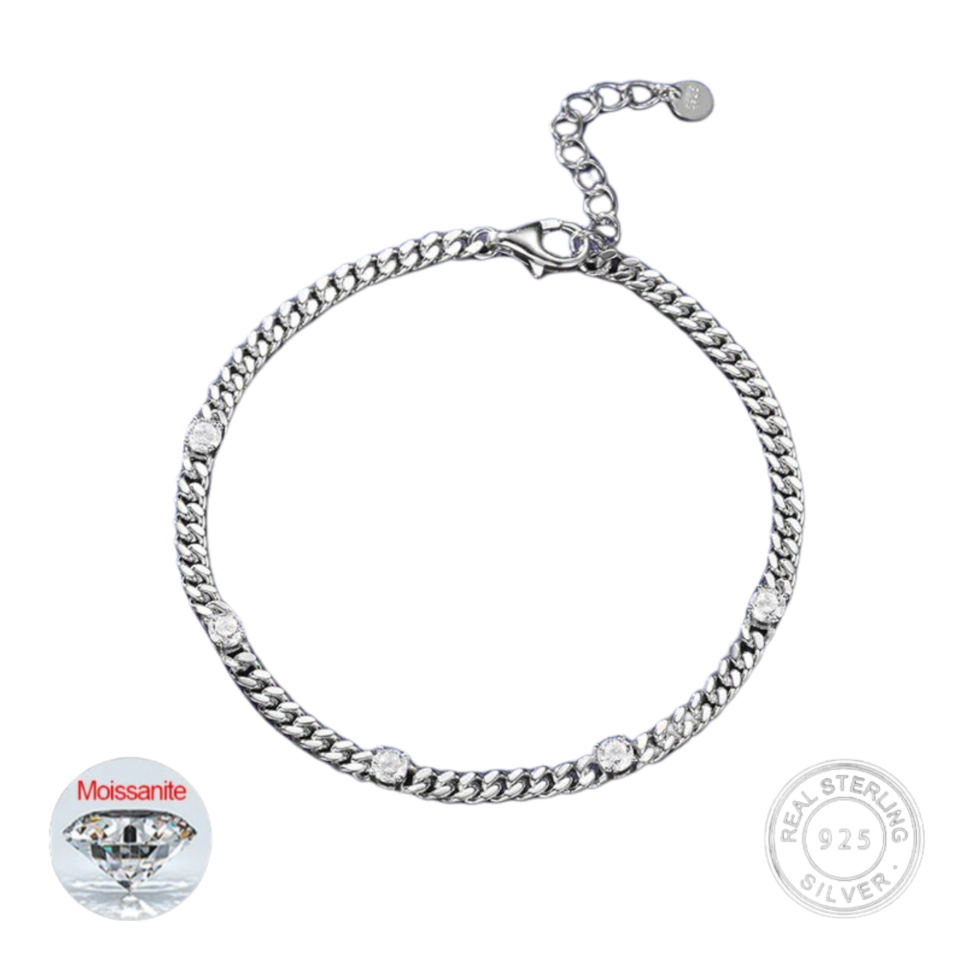 S925 Moissanite Round Diamond Cuban Link Bracelet - 3MM