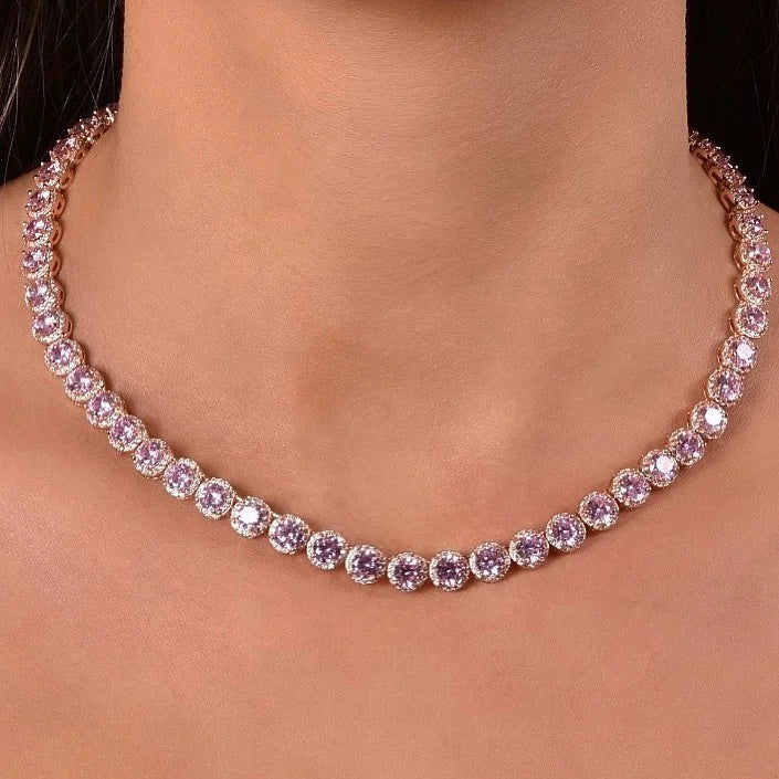 8mm Round Diamond Clustered Tennis Chain Necklace - Rose Gold/White Gold