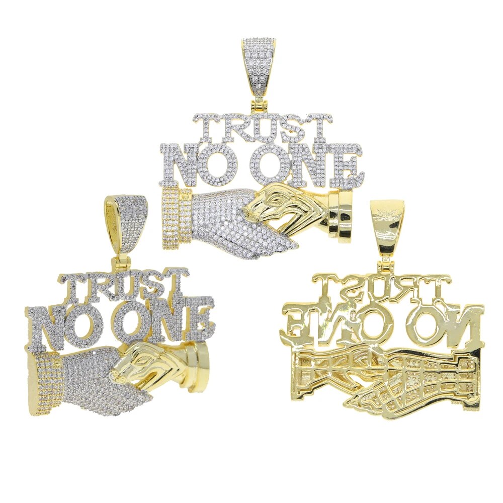 "TRUST NO ONE" ICED OUT LETTER DIAMOND PENDANT NECKLACE